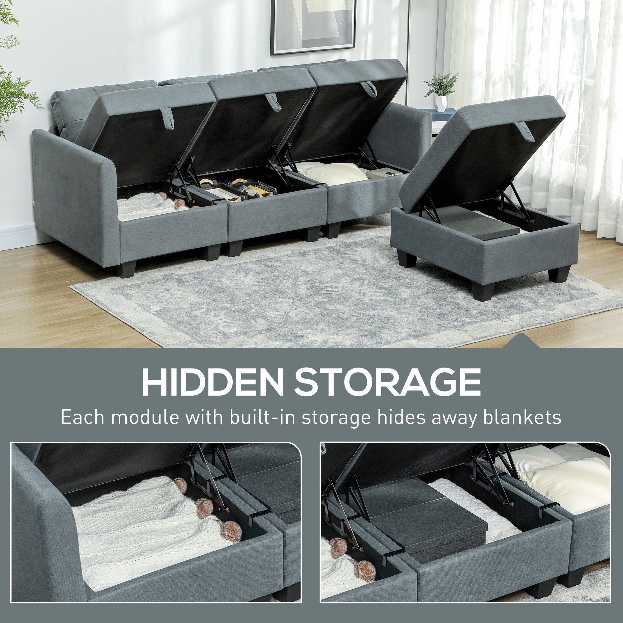 L' Shape Modular Sofa, with Storage - Dark Grey