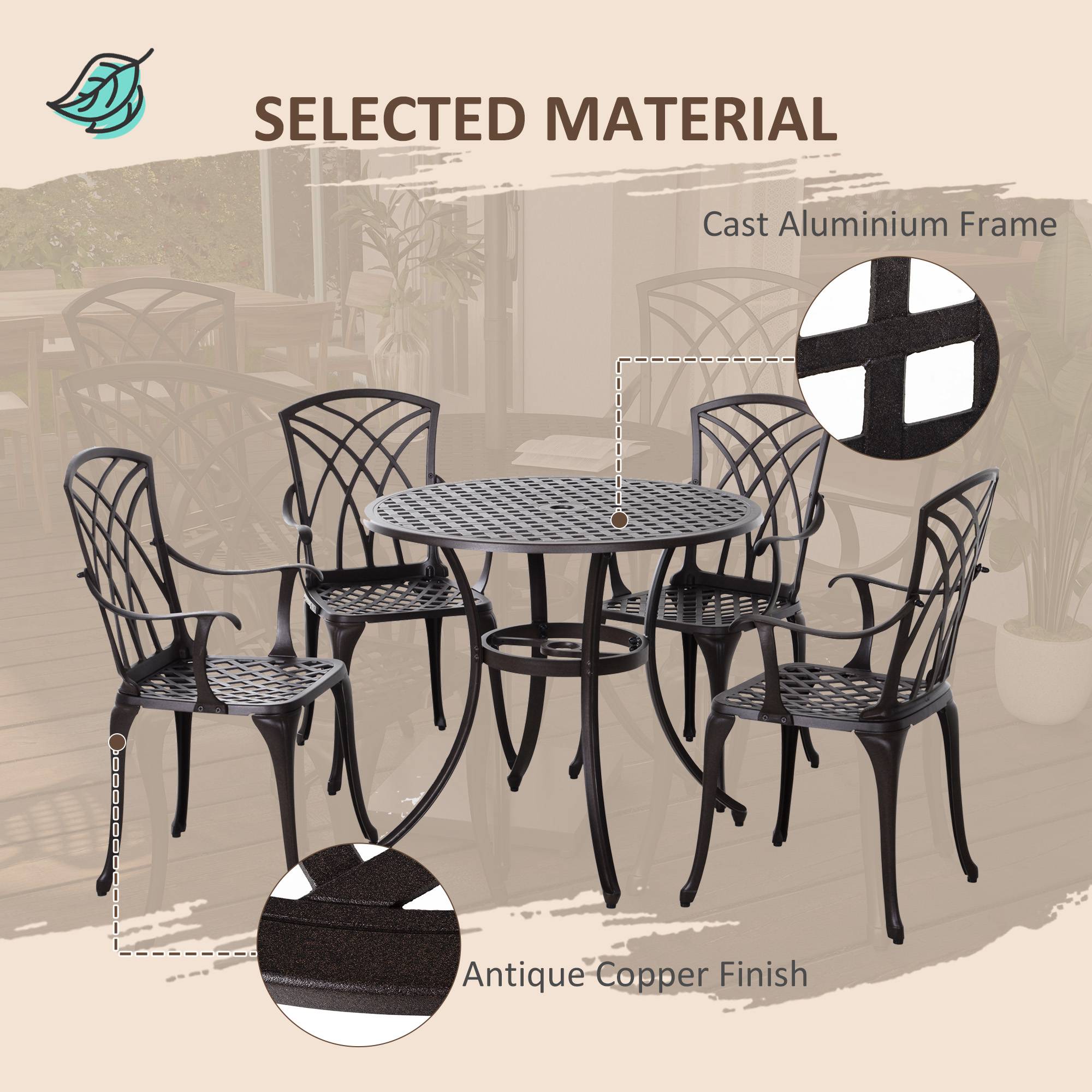 5 Pieces Garden Dining Set for 4, Cast Aluminium Outdoor Dining Set with 4 Armchairs and Round Dining Table with Parasol Hole, Garden Furniture Set, Brown