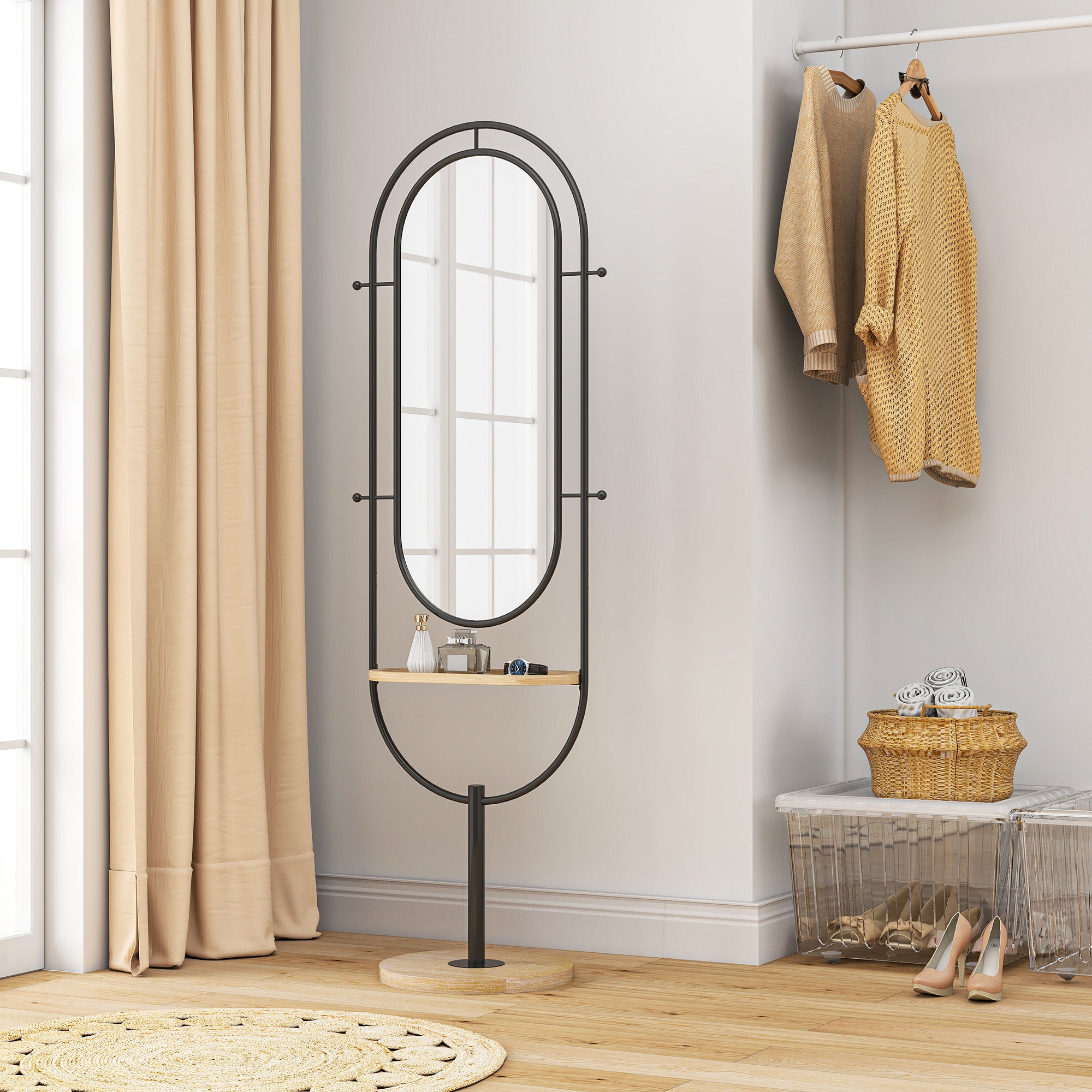 Oval Full Length Mirror with Wooden Tray and 4 Hooks - Black