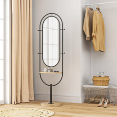 Oval Full Length Mirror with Wooden Tray and 4 Hooks - Black