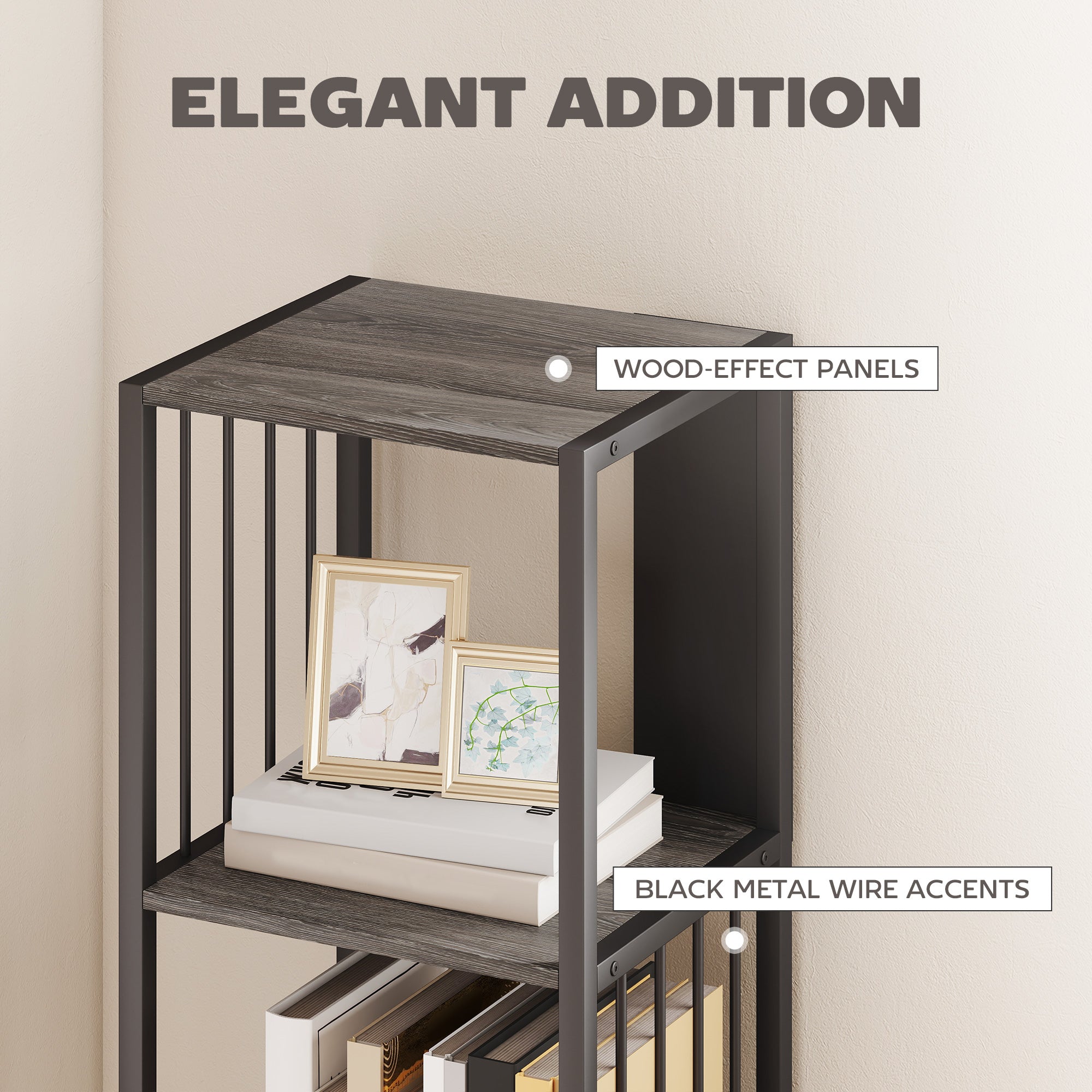 Fynco - 5-Tier Bookshelf with Steel Frame - Grey