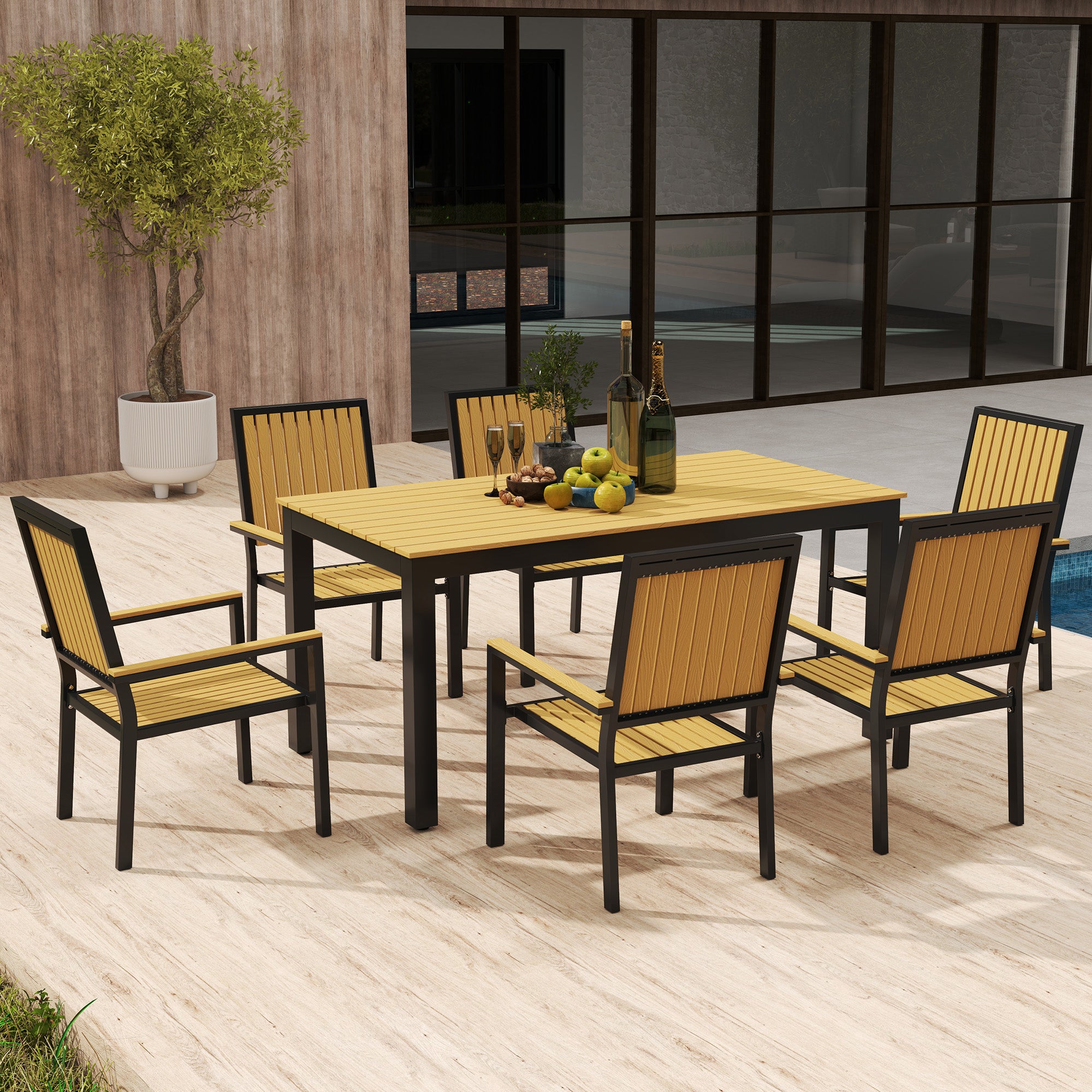 6 Seater Garden Dining Set with Stackable Chairs, Aluminium Frame, Rectangular Plastic Top, Garden Furniture Set, Outdoor Dining Table and Chairs for Patio, Balcony, Poolside, Nature Wood