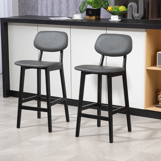 Bar Stools Set of 2, Breakfast Bar Chairs, PU Leather Upholstered Kitchen Stools with Backs, Footrests and Solid Wood Legs, Dark Grey