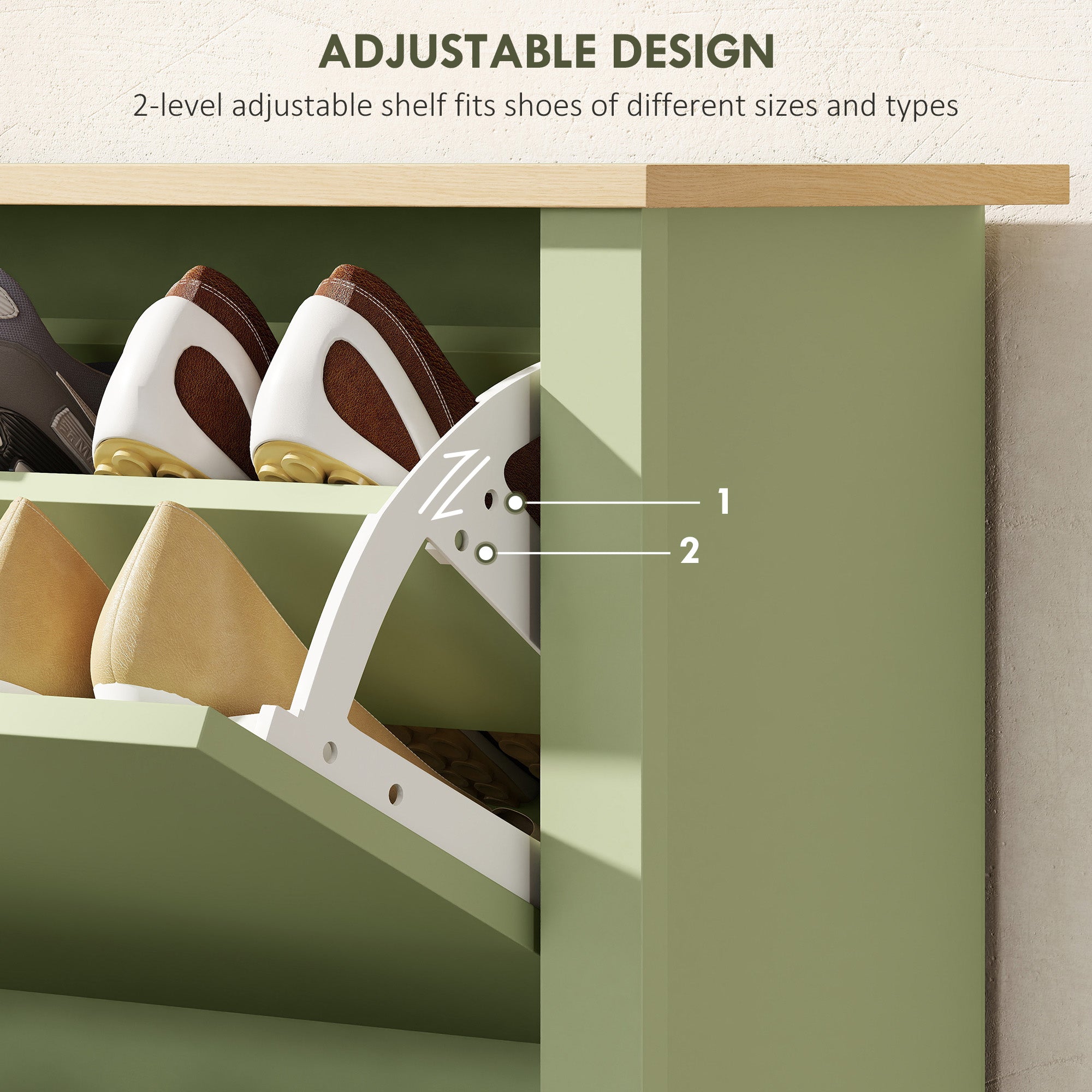 Fynco - Slim Shoe Cabinet, Narrow Shoe Cupboard with 2 Flip Drawers, Adjustable Shelves for 12 Pairs of Shoes, Green