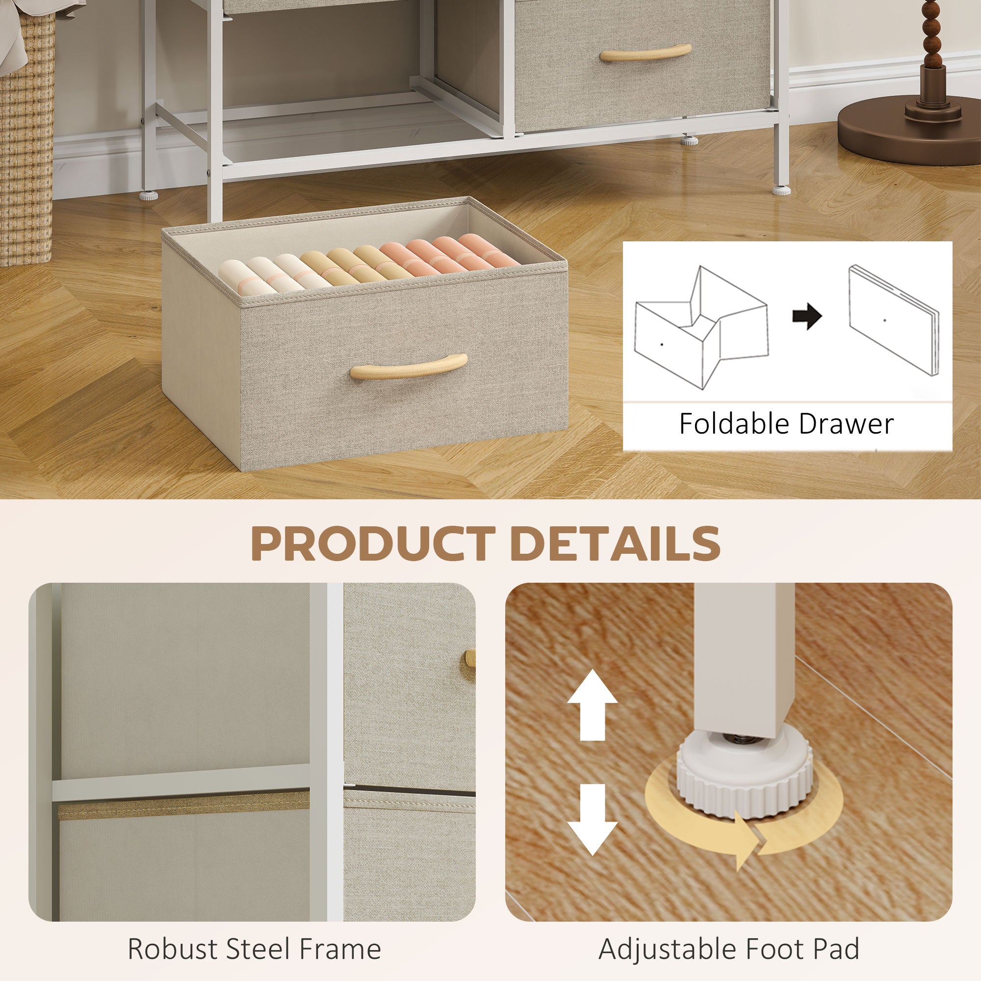 Fabric Chest of Drawers, Industrial Bedroom Dresser with 8 Fabric Drawers, Steel Frame and Wooden Top for Nursery, Living Room, Hallway, Maple Wood-effect