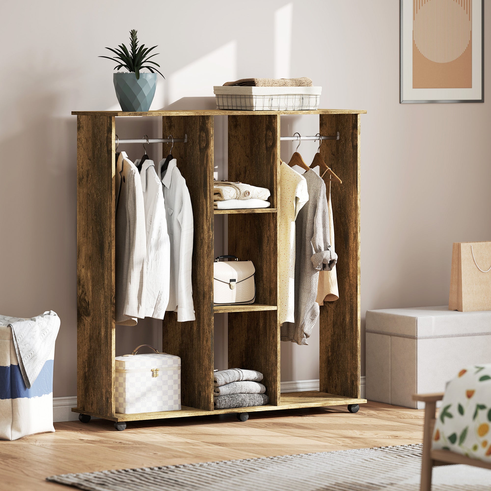 Open Wardrobe Double Mobile Storage Shelves Organizer W/6 Wheels-Rustic Brown