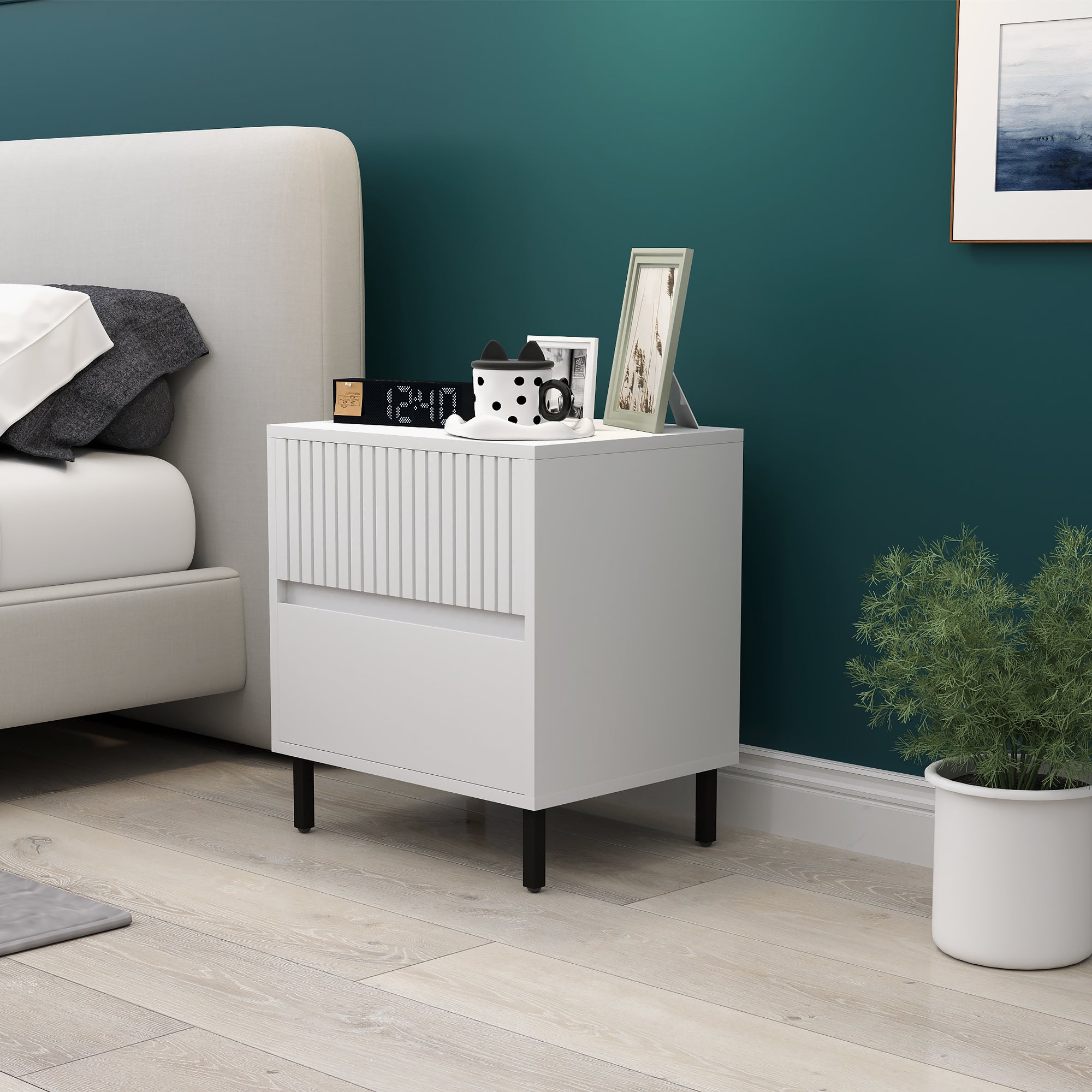 Simple Line Indented Two-Drawer Bedside Table - White