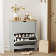 Fynco - Slim Shoe Cabinet, Narrow Shoe Cupboard with 2 Flip Drawers, Adjustable Shelves for 12 Pairs of Shoes, Light Grey