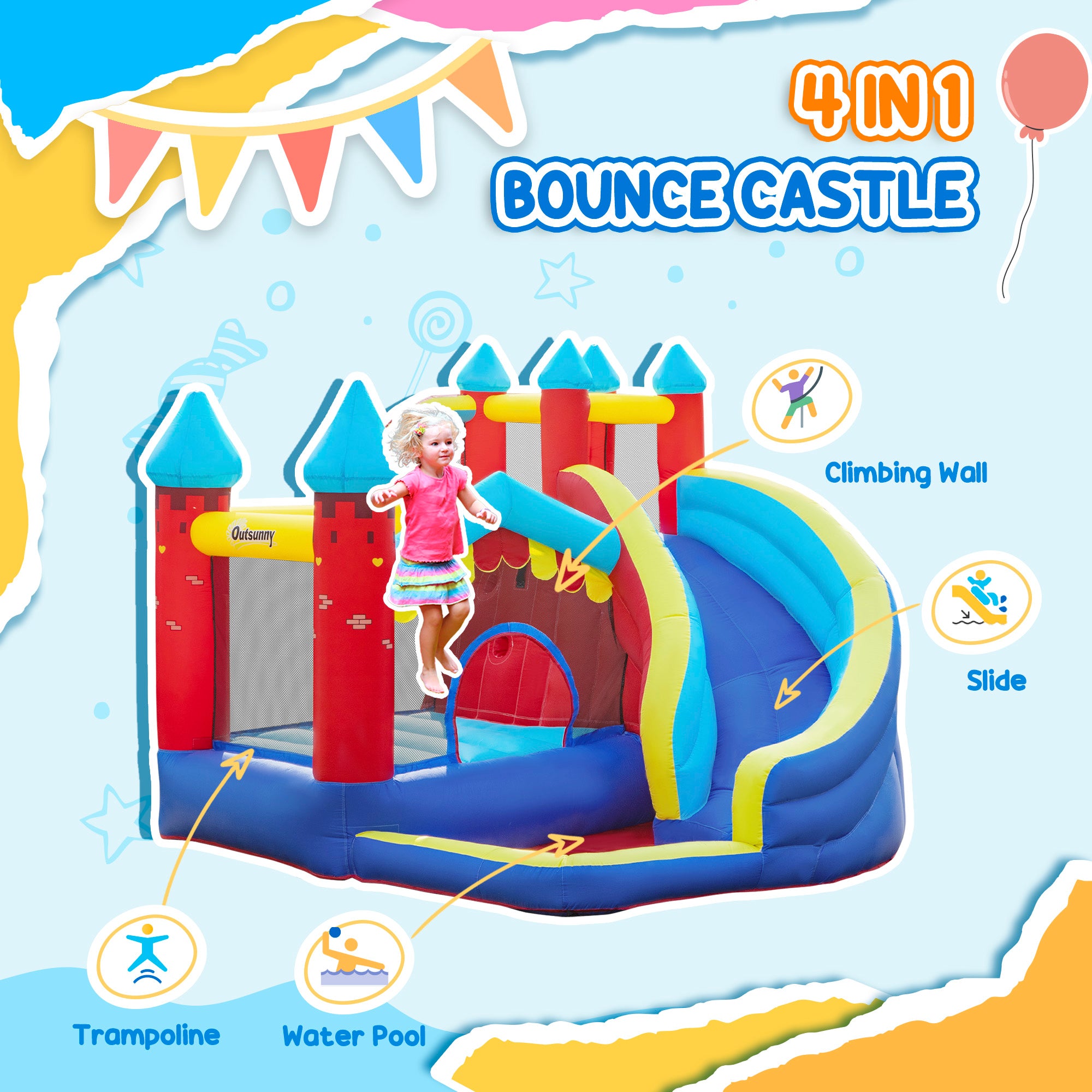 Fynco - Kids Bouncy Castle, with Slide, Pool, Trampoline, Climbing Wall, Blower