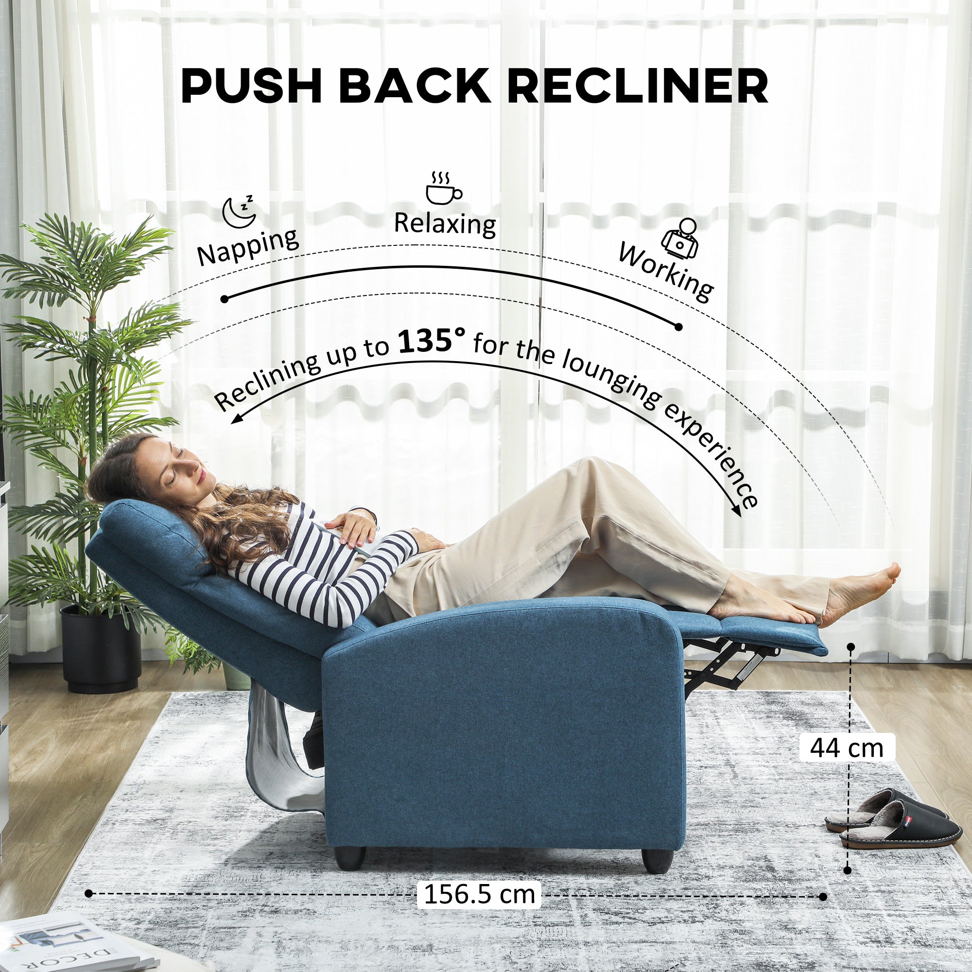 135° Push Back Recliner Armchair, with Footrest - Blue