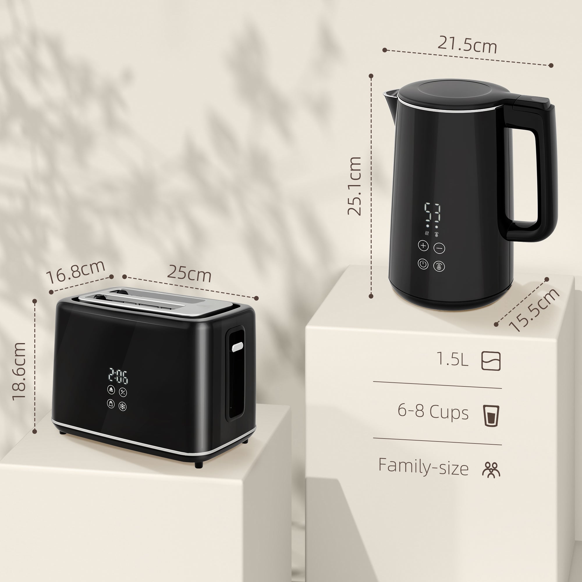 Polished Metal Kettle and Toaster Set - Black