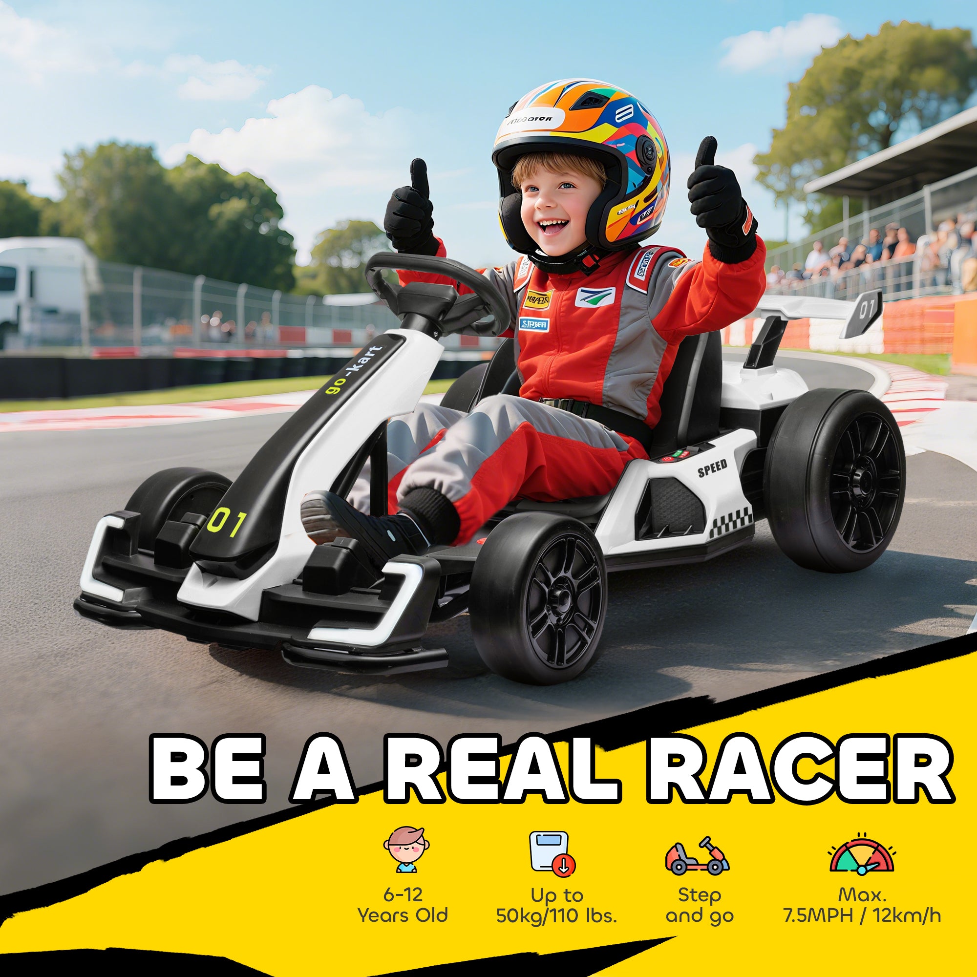 24V Electric Go Kart for Kids with Adjustable Seat for 6-12 Years, White