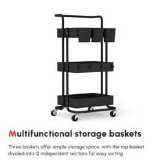 Three-Tier Home Trolley, with Handle and Wheels - Black