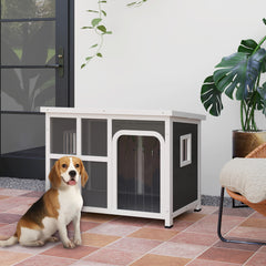 Wooden Outdoor Dog House with Asphalt Openable Top, Removable Floor, Clear Front Panel, Curtain, Light Grey