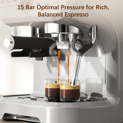 15 Bar Coffee Machine, with Adjustable Grind, Steamer and Accessories - Silver Colour
