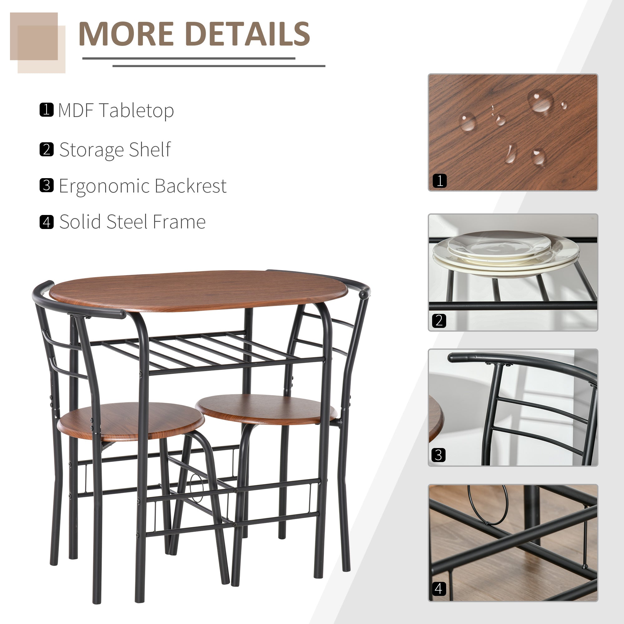 3-Piece Dining Table Set , Metal Frame Wood Top Breakfast Bar Table Set for 2, Dining Table w/Storage Shelf & 2 chairs