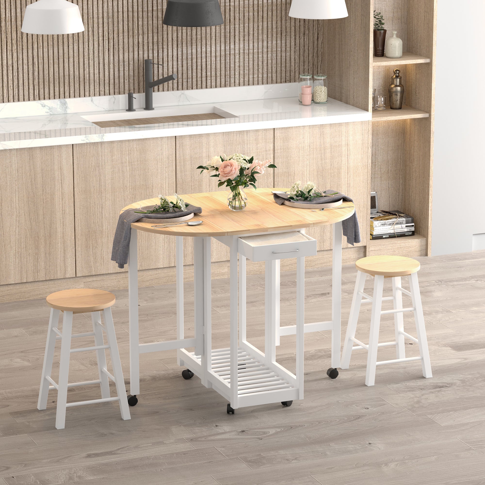 3 Pieces Dining Room Set, Mobile Foldable Dining Table and 2 Stools with Storage Shelf, 2 Drawers and 6 Wheels, Drop Leaf Bar Table and Stools for Home Kitchen Pub, White