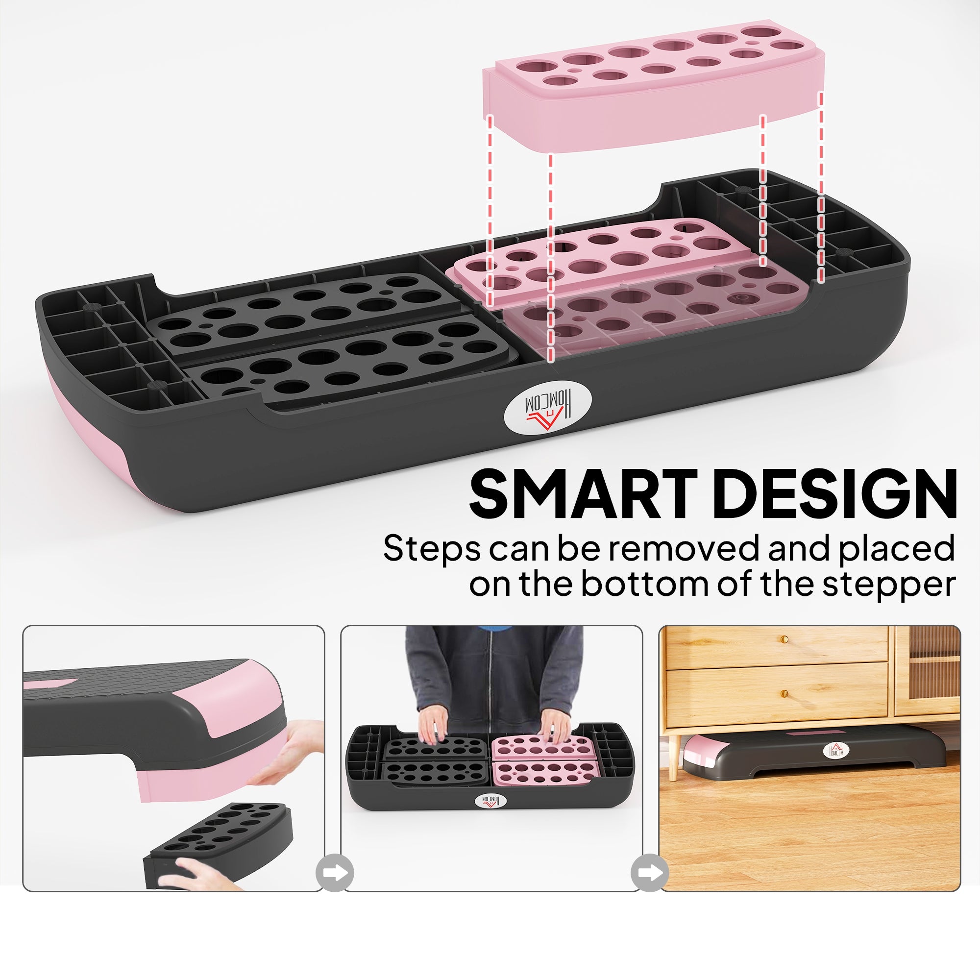 Fynco - Aerobic Step with 3-Level Adjustable Heights for Home, Office Exercise, Black and Pink