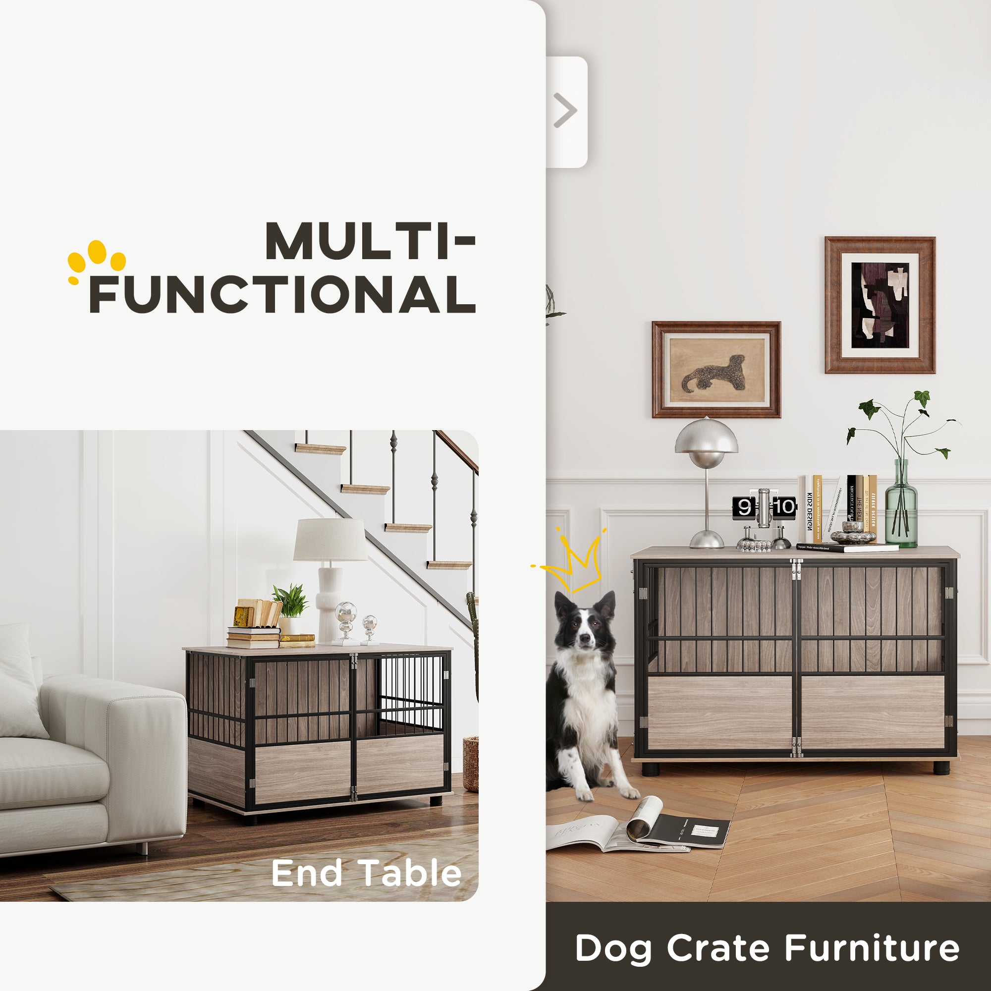 100cm Furniture Style Dog Crate Dog Cage End Table Indoor with 3 Doors Soft Washable Cushion, for Large Sized Dogs