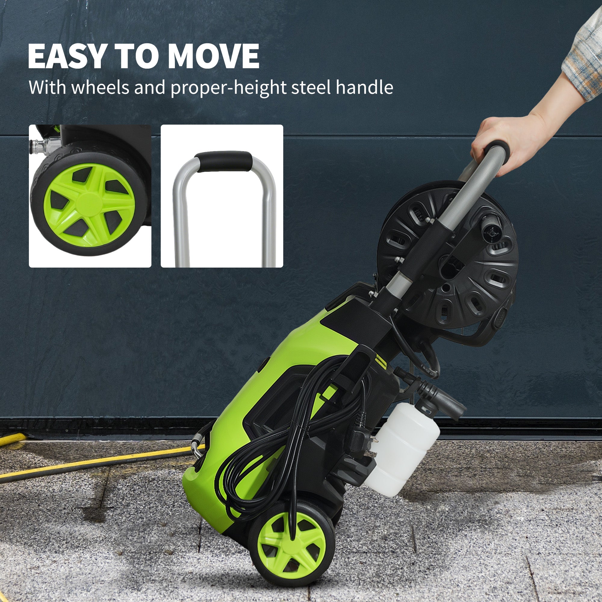 1800W High Pressure Washer, 150 Bar Pressure, 420 L/h Flow, Portable Power Washer Jet Wash Cleaner with Adjustable Nozzle, 6M Hose, Hose Reel, Steel Handle for Home Patio Car Driveway, Green