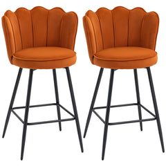 Fynco - Set of Two Velvet-Feel Lotus Bar Stools - Orange