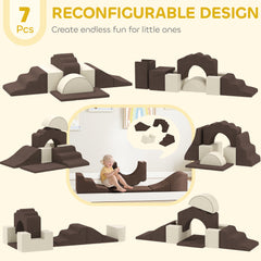 AIYAPLAY 7 Piece Kids Soft Play Set with Detachable Cover, Baby Indoor Climb and Crawl Foam Toy for Toddlers, Preschoolers, Brown