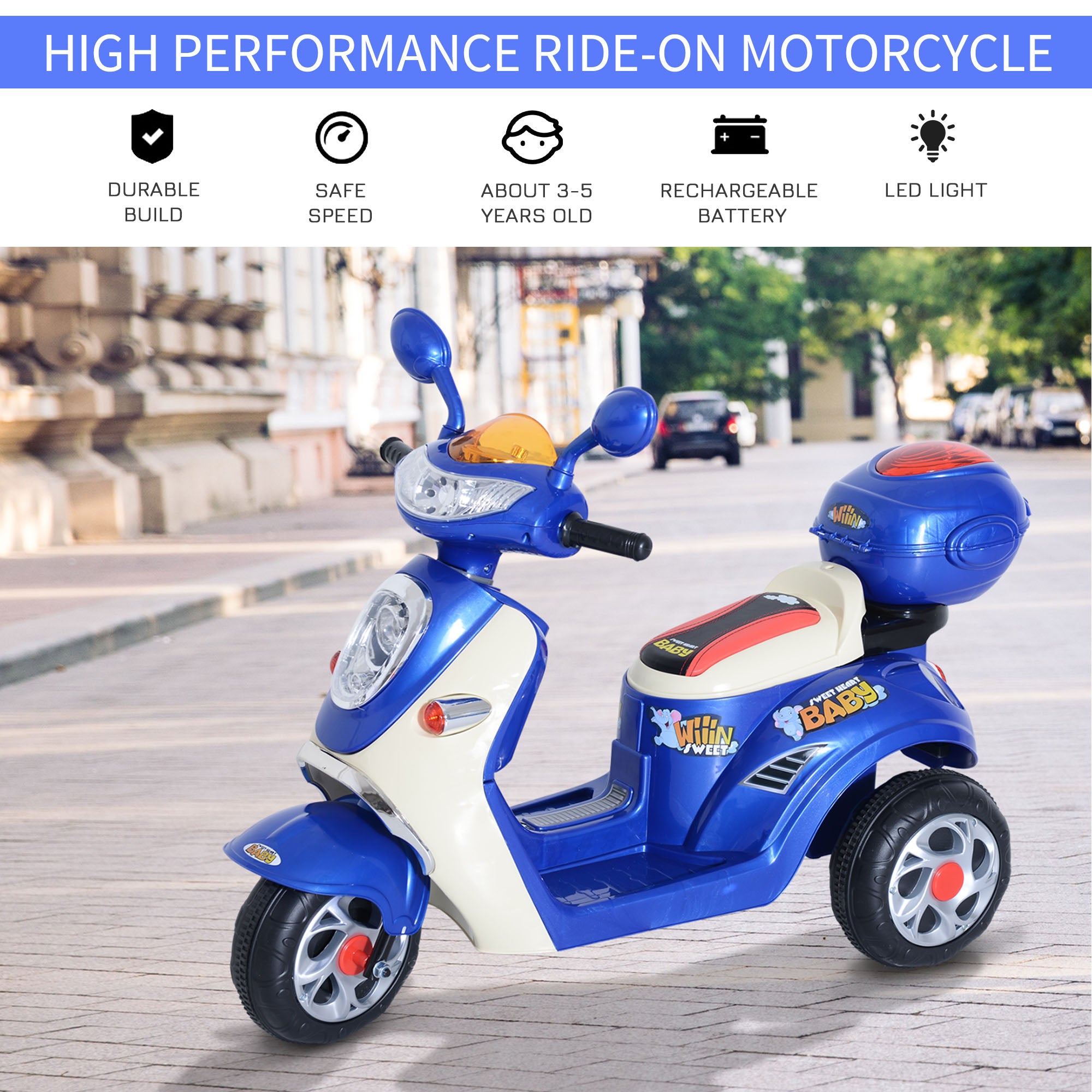 Kids Electric Ride On Toy Car 6V Electric Motorbike with Chargeable Battery Headlight and Music for 3-5 Years - Blue