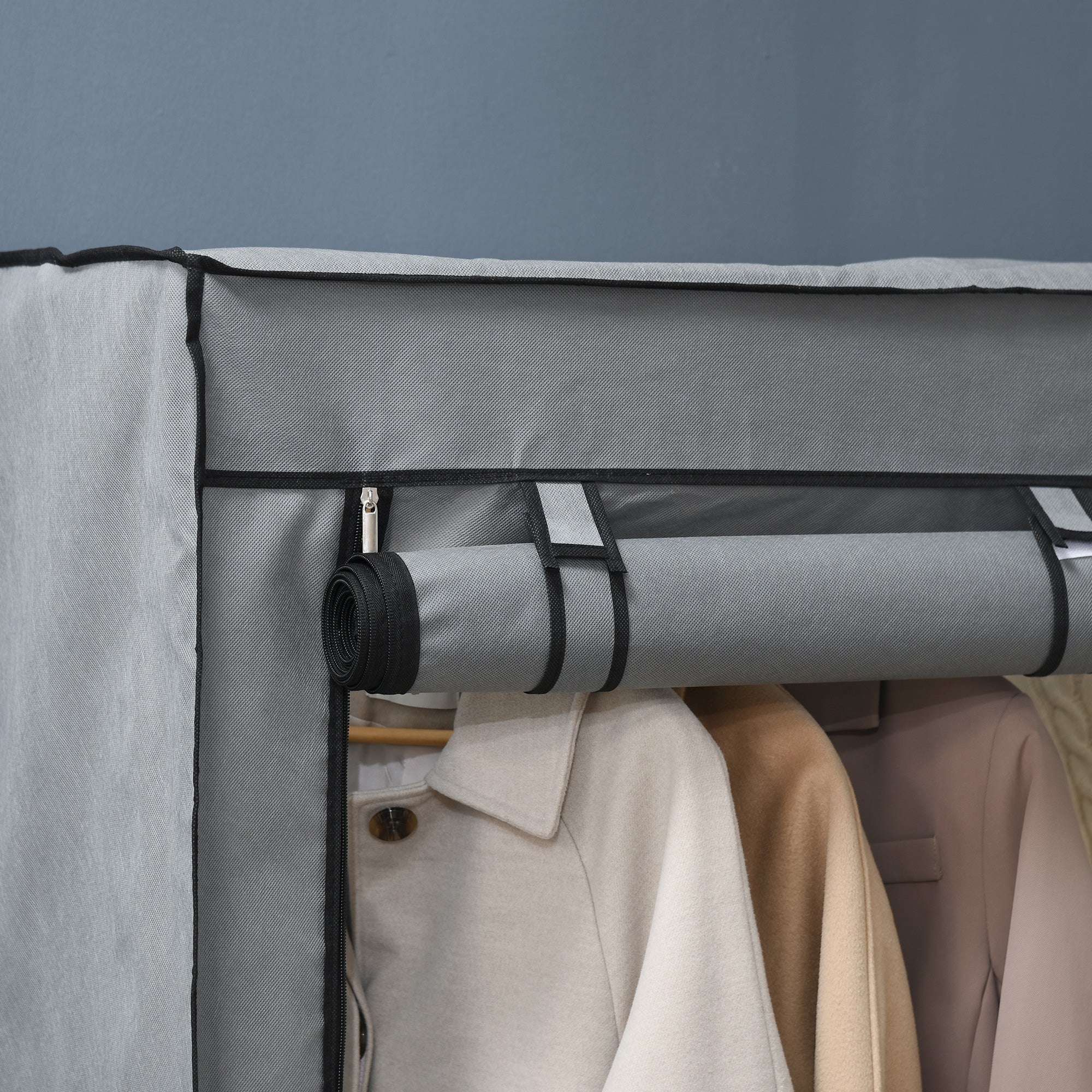 Steel Frame Fabric Wardrobe, with Rail and Shelves - Light Grey