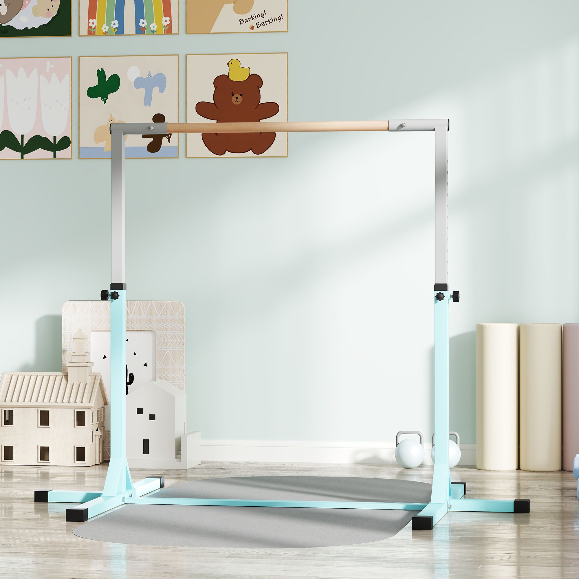 Height Adjustable Gymnastics Horizontal Bar for Kids, Children Junior Kip High Bar Fitness, Light Blue