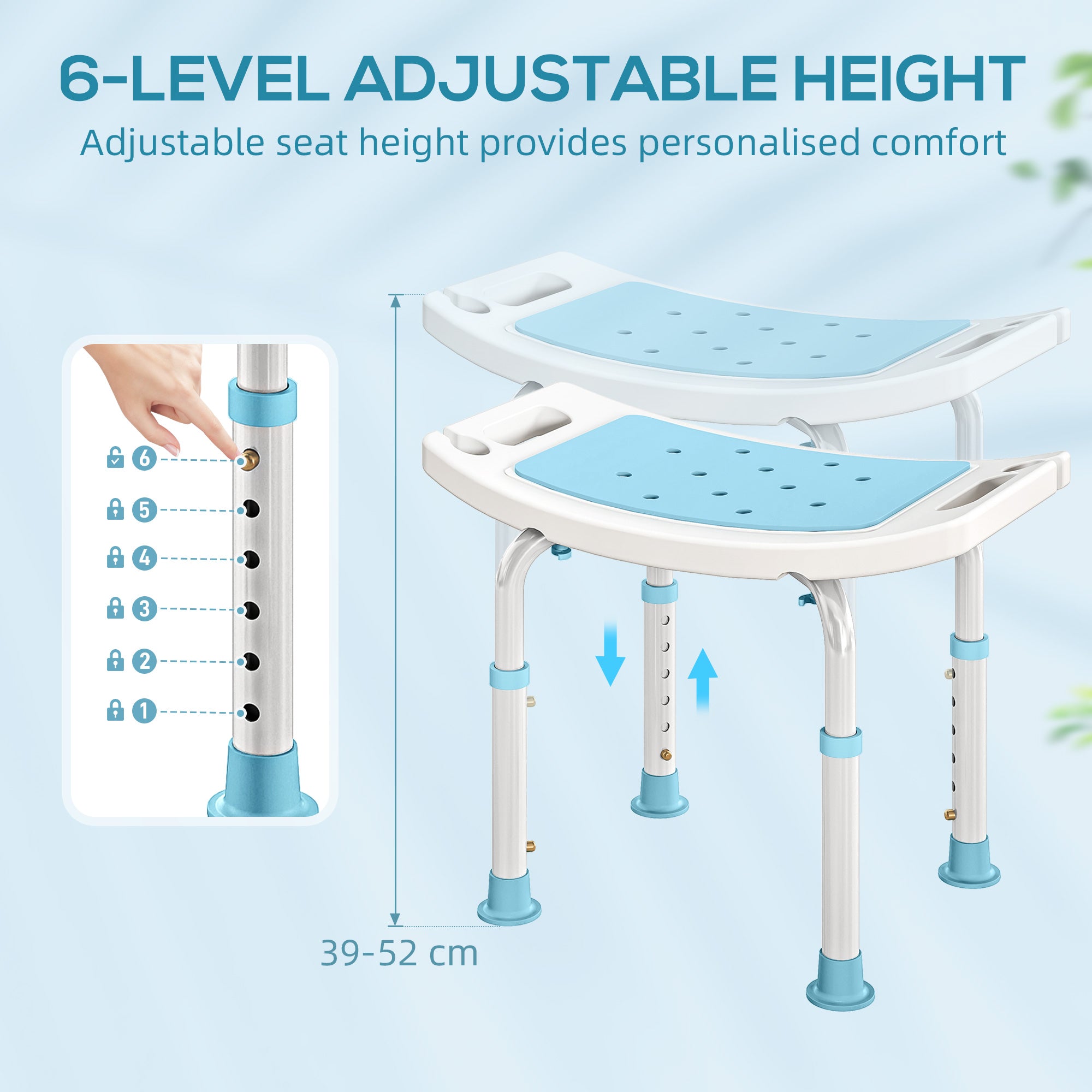 Fynco - Shower Chair, Adjustable Height Shower Stool with Aluminium Frame and Non-Slip Feet, Bathtub Stool Seat for Elderly Disabled Handicap, Turquoise