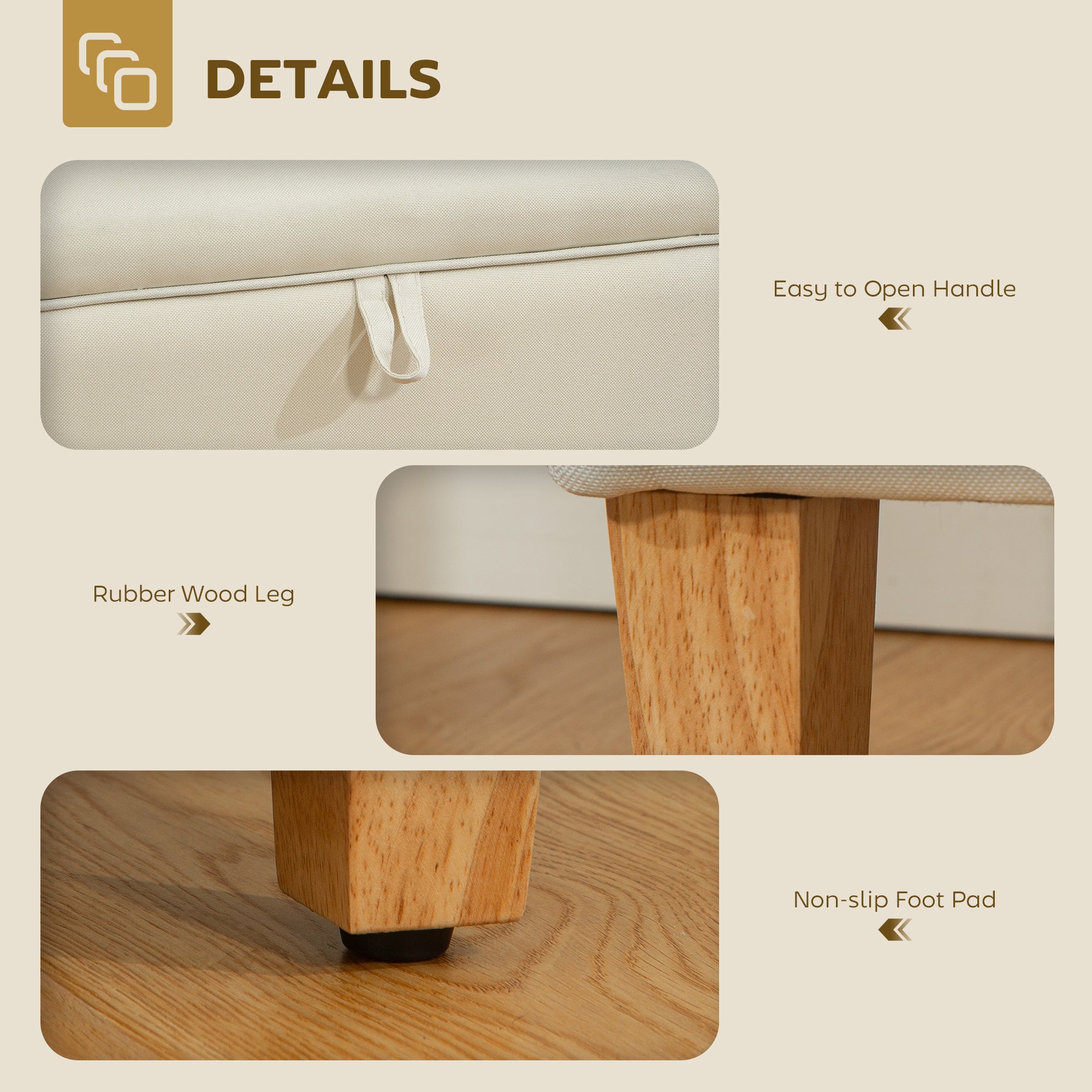Fynco - 16L Linen Storage Ottoman Padded Footstool with Rubberwood Legs for Storage Box, Bed End, Shoe Bench, Seating, Beige