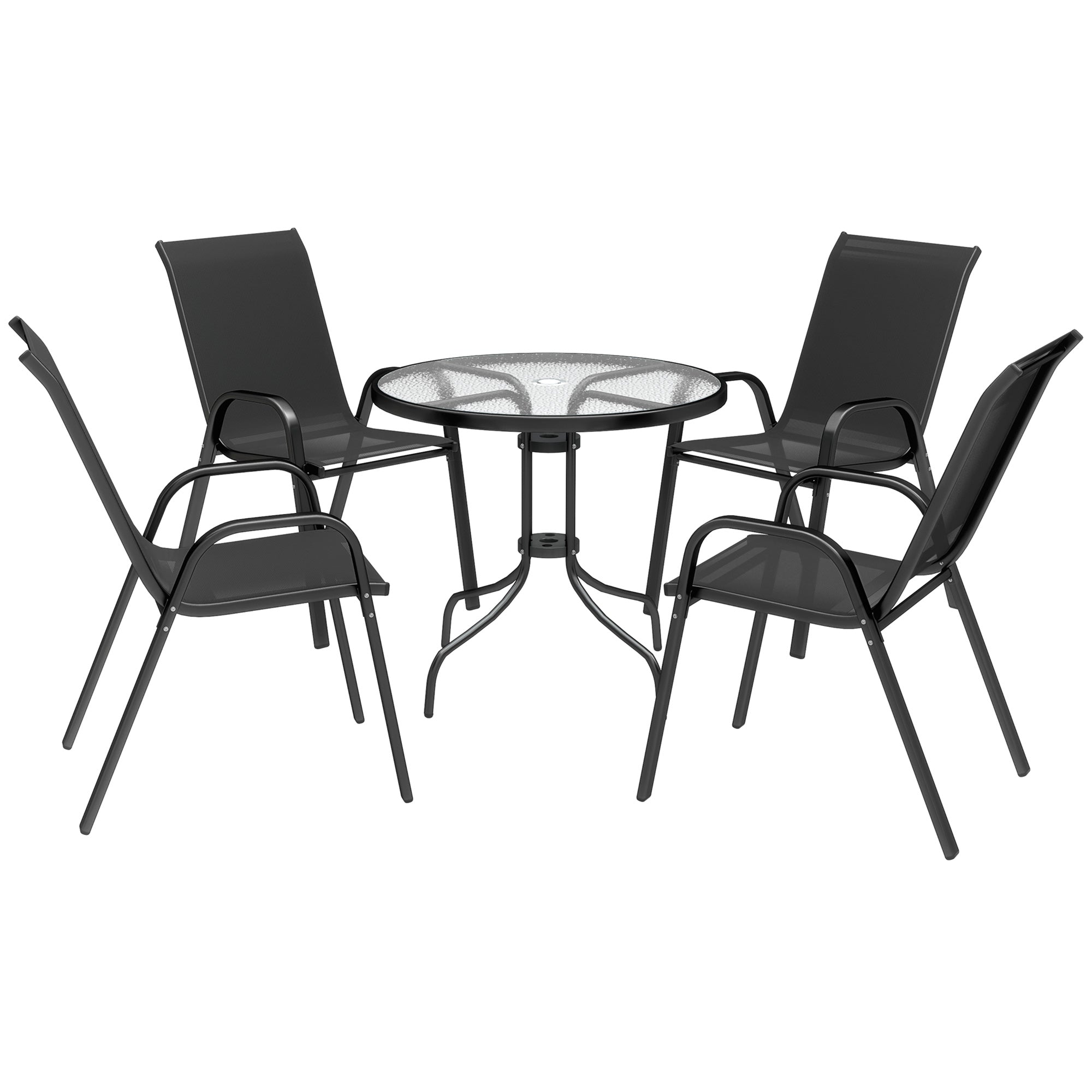 Five-Piece Steel Patio Set, with Glass-Top Table - Black