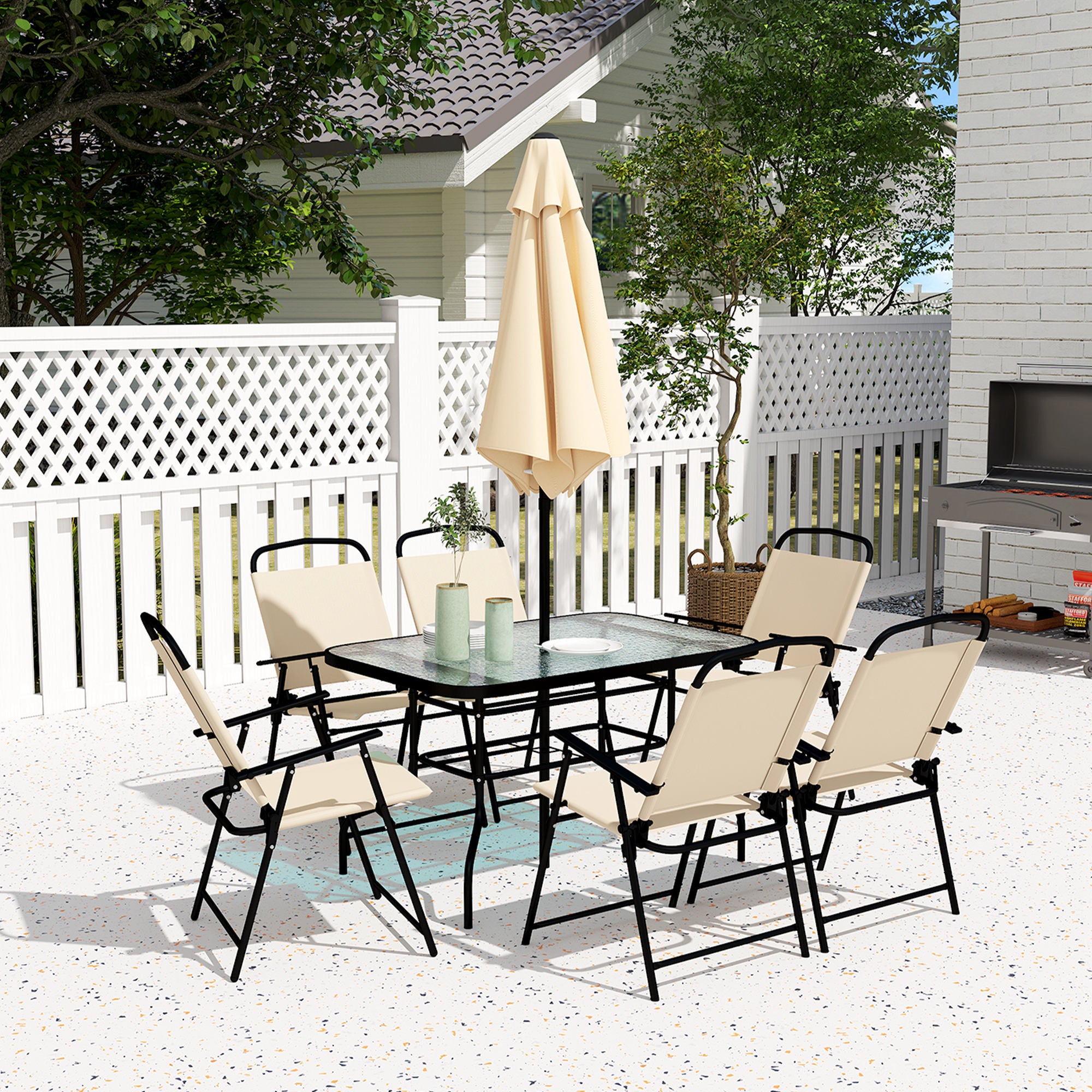 8 Pieces Garden Dining Set with Umbrella, Patio Sets with Parasol with 6 Foldable Chairs, Glass Top Table, and Sun Parasol, Beige