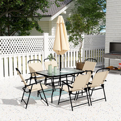 8 Pieces Garden Dining Set with Umbrella, Patio Sets with Parasol with 6 Foldable Chairs, Glass Top Table, and Sun Parasol, Beige