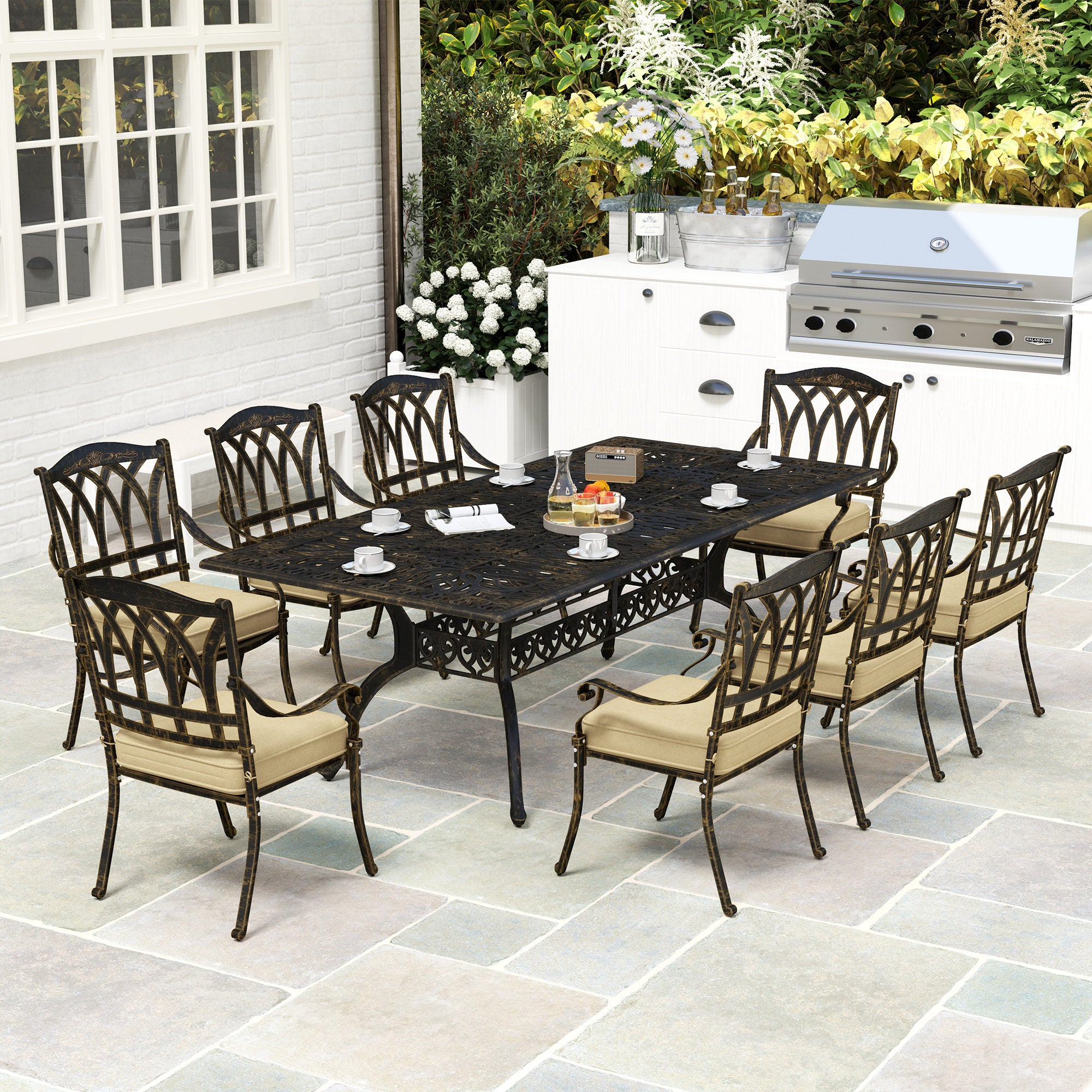 Nine-Piece Cast Aluminium Garden Dining Set - Bronze Tone