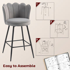 Fynco - Set of Two Velvet-Feel Lotus Bar Stools - Grey