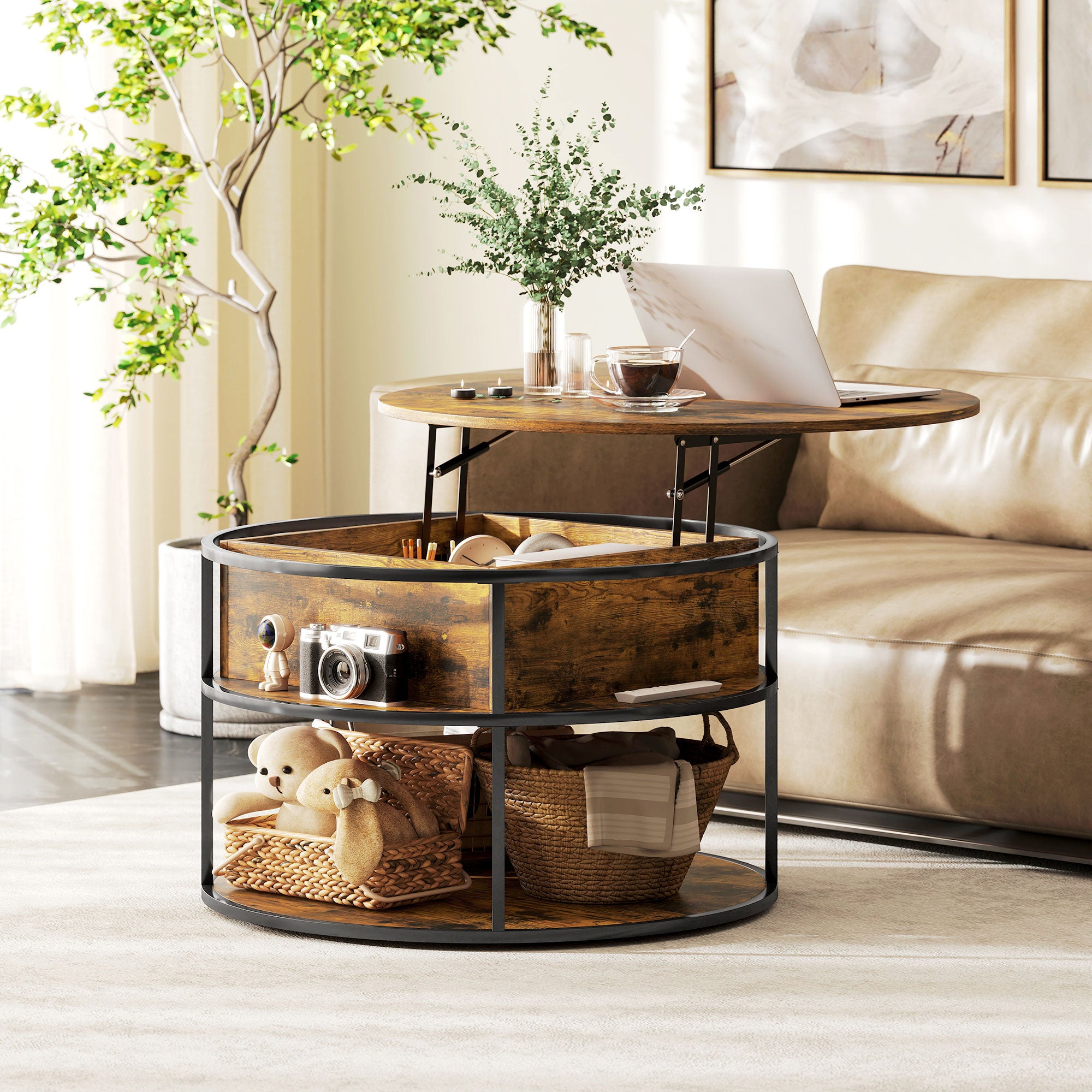 Lift Top Coffee Table, Round Coffee Table with Storage Shelf, Hidden Compartment and Steel Frame for Living Room, Home Office, Brown