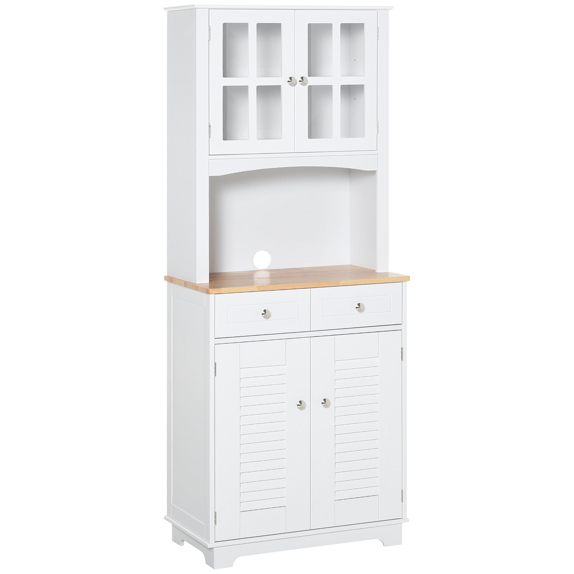 Modern Kitchen Cupboard, Louvered Kitchen Storage Cabinet with Framed Glass Doors and 2 Drawers, White