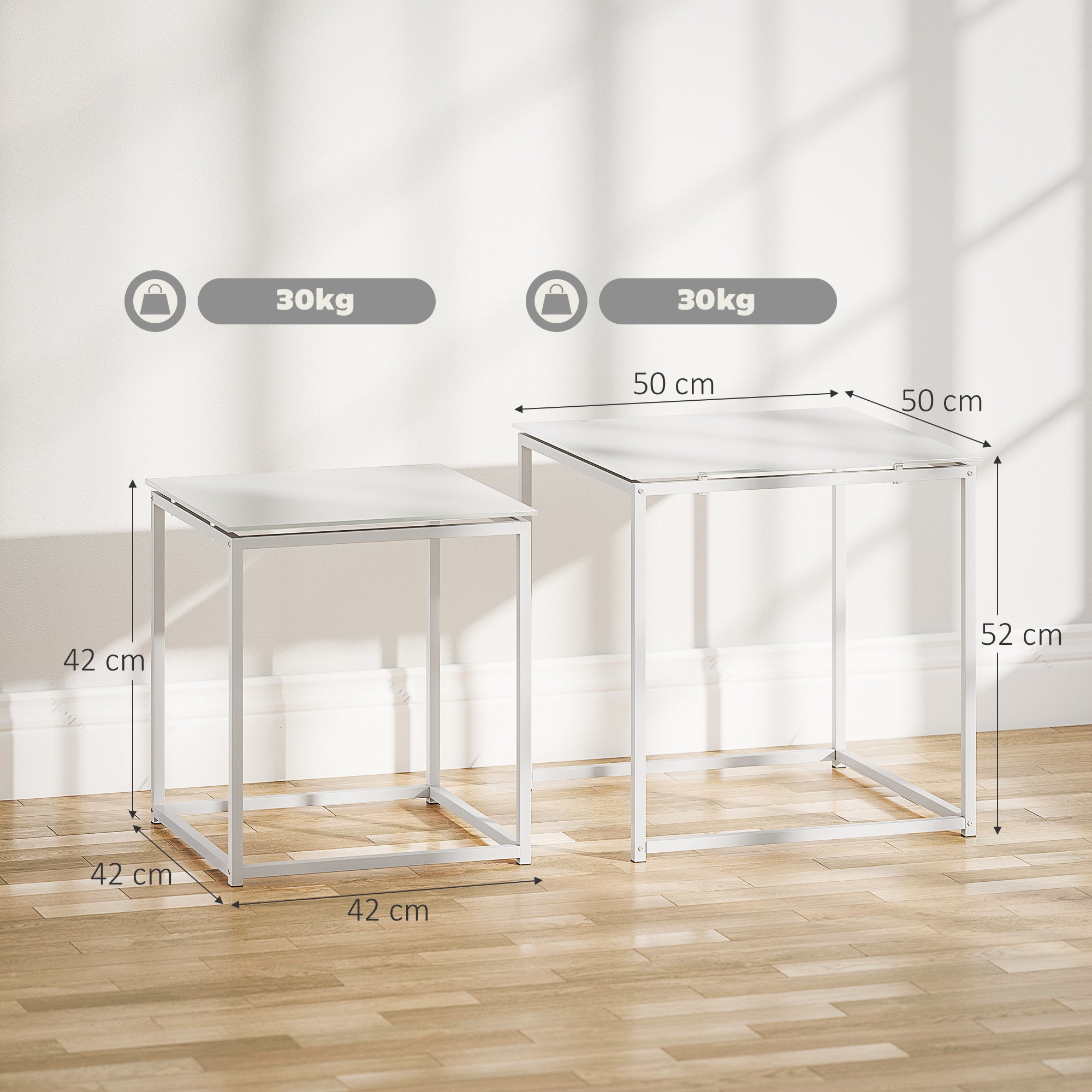 Nest of Tables, Set of 2 Coffee Table, Side Tables with Tempered Glass Desktop and Metal Frame for Living Room, Bedroom, Office, White