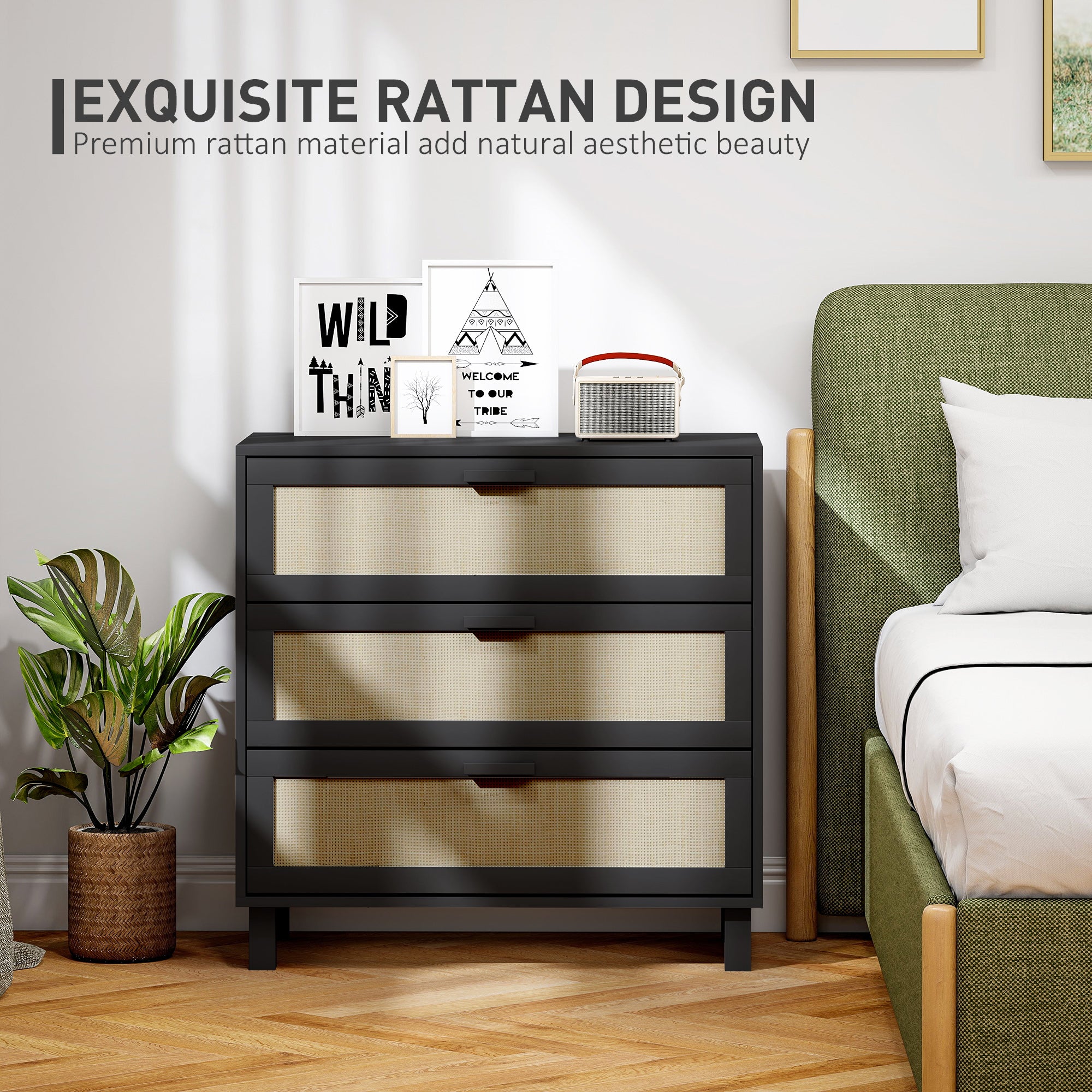 Rattan Bedroom Chest of Drawers, 3 Drawers Storage Unit, Boho Dresser for Living Room, Hallway, Black