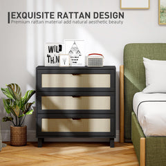 Rattan Bedroom Chest of Drawers, 3 Drawers Storage Unit, Boho Dresser for Living Room, Hallway, Black