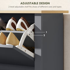 Fynco - Slim Shoe Cabinet, Narrow Shoe Cupboard with 2 Flip Drawers, Adjustable Shelves for 12 Pairs of Shoes, Charcoal Grey