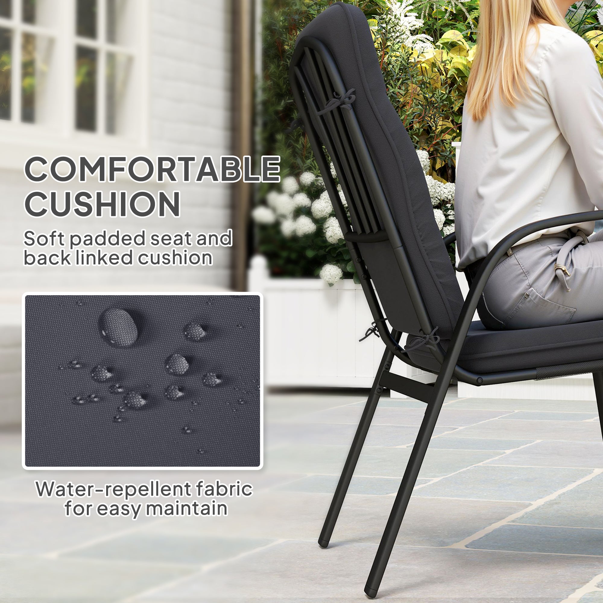 5 Pieces Outdoor Square Garden Dining Set w/ Tempered Glass Dining Table 4 Cushioned Armchairs, Umbrella Hole, Black