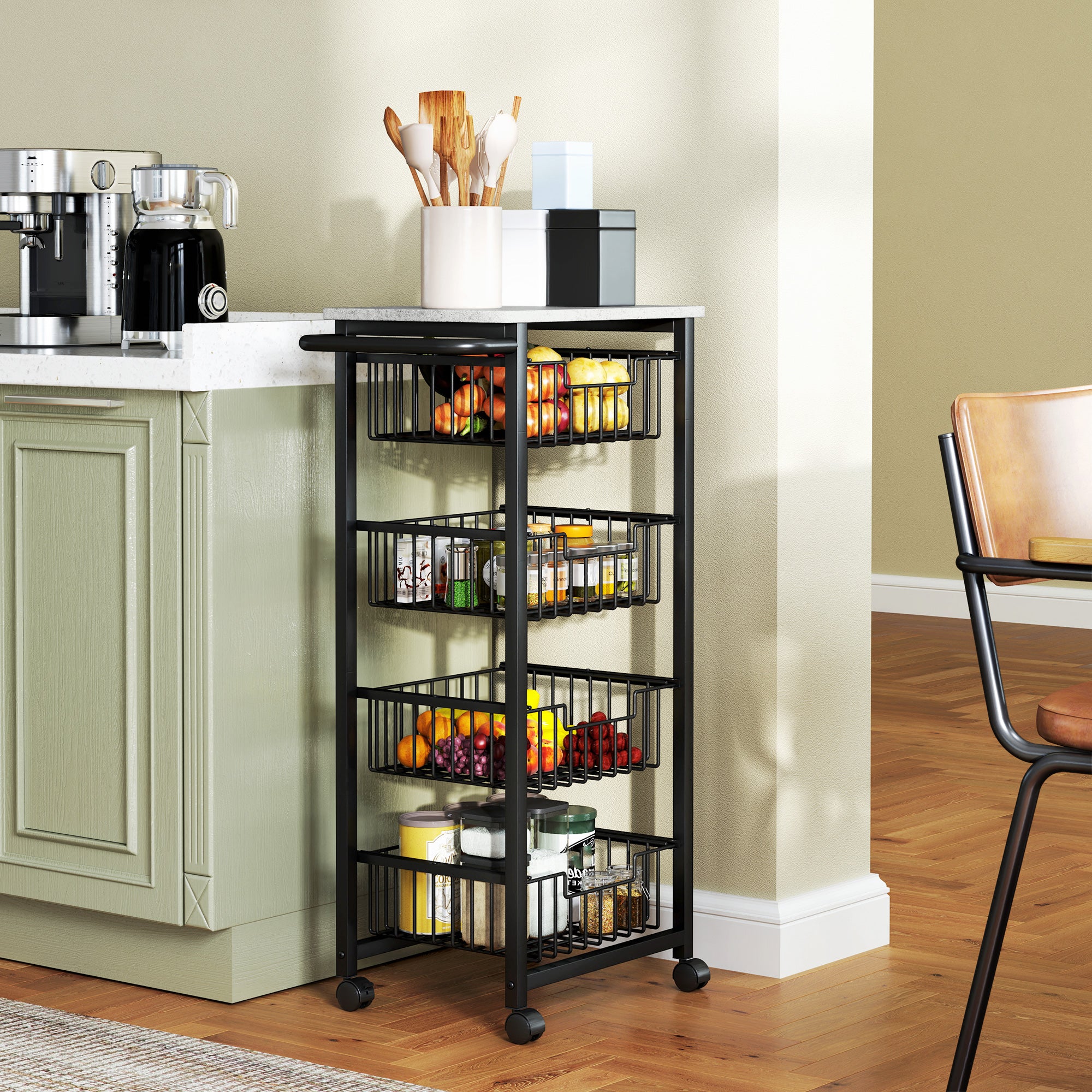 Four Basket Mobile Kitchen Island, with Brakes - Grey/Black