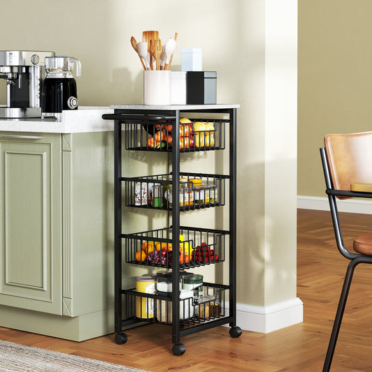 Four Basket Mobile Kitchen Island, with Brakes - Grey/Black