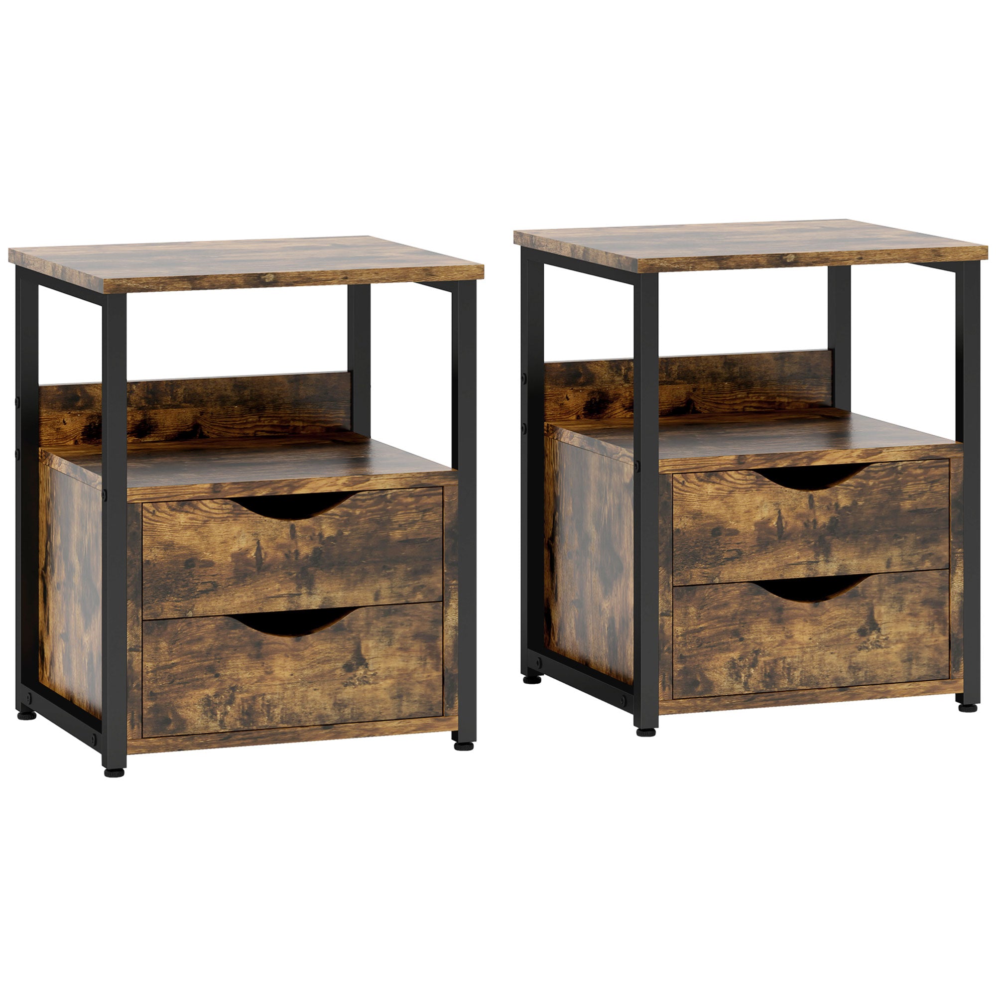 Industrial Side Table Set of 2, Sofa Table with Drawer, Bedside Cabinet with Storage Shelf, Slim Nightstand for Living Room, Bedroom, Rustic Brown