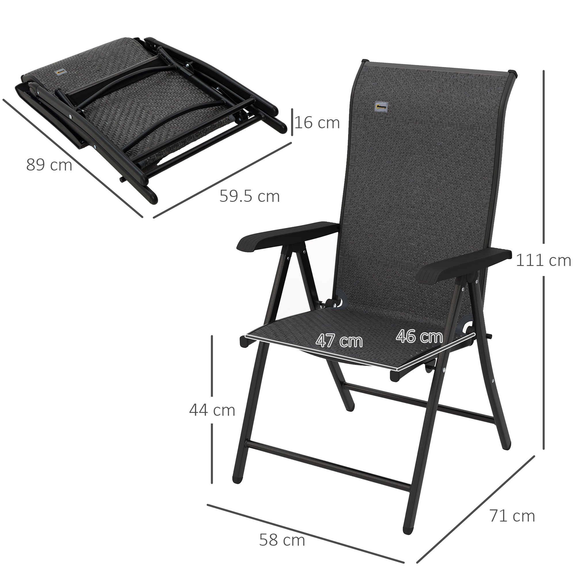 Set of Four Folding Garden Chairs, with Seven-Position Adjustable Backs, Grey
