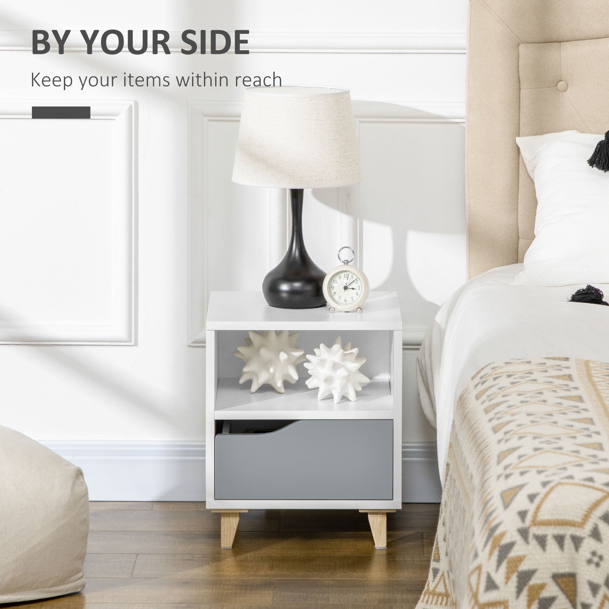 Set of 2 Modern Bedside Tables with Shelves, Drawers and Wood Legs, 36.8cm x 33cm x 43.8cm, White and Grey