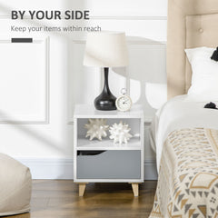 Set of 2 Modern Bedside Tables with Shelves, Drawers and Wood Legs, 36.8cm x 33cm x 43.8cm, White and Grey