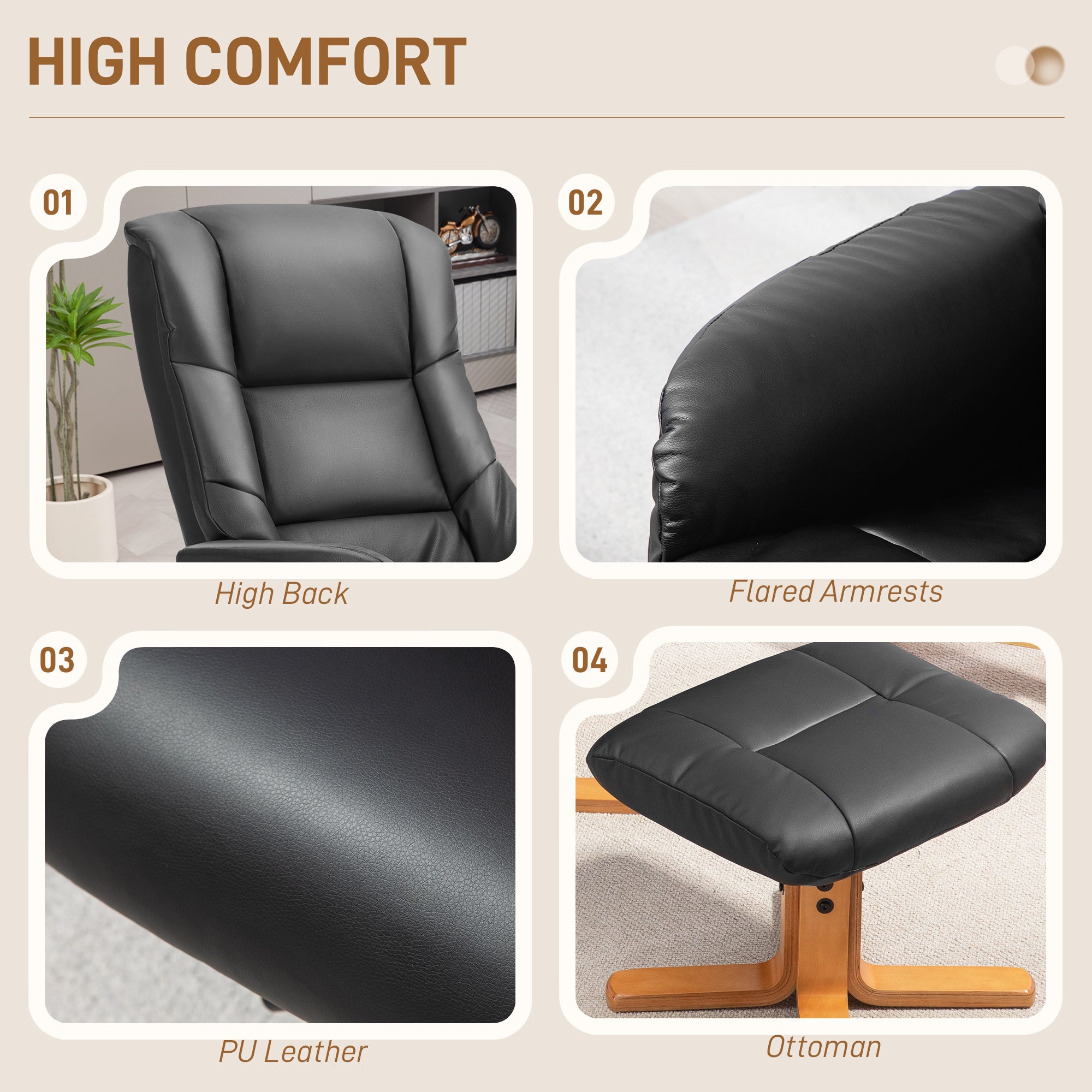 Fynco - Rocking Recliner Chair with Footstool, PU Leather Recliner Armchair with Wood Base, Upholstered Reclining Chair for Living Room Bedroom, Black